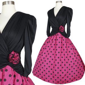 Vintage 80s Pink Black Polka Dot Draped Dance Full Skirt Prom Party Dress S